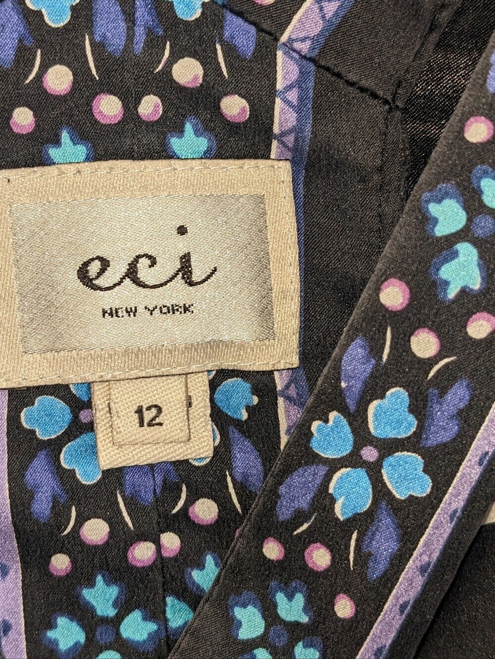 ECI Black V-Neck Midi Dress with Blue & Purple Floral Border Silk Blend Size12 - Picture 6 of 12